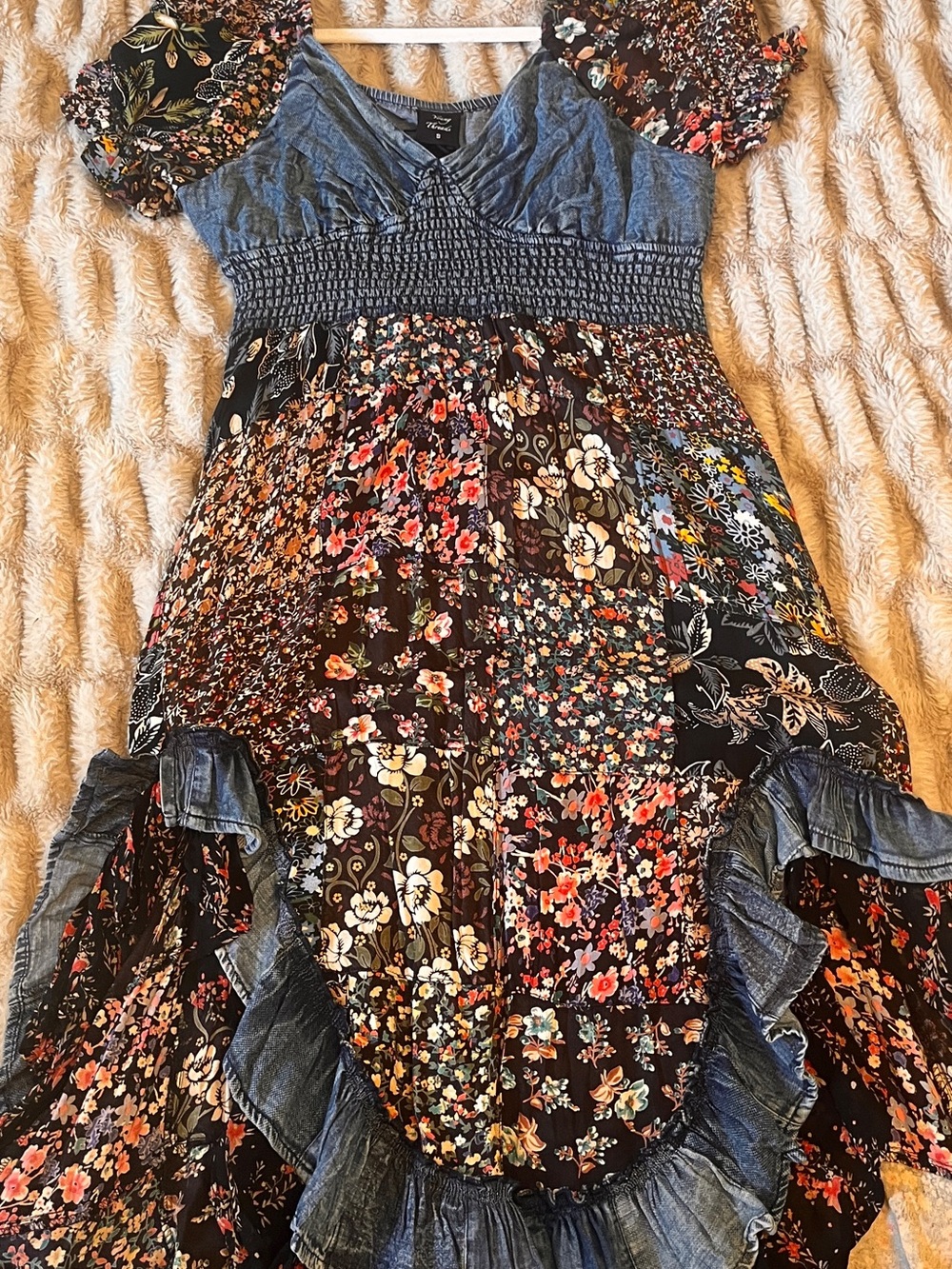 Women’s Black Floral Boho Dress with Denim Trim - Picture 4 of 4